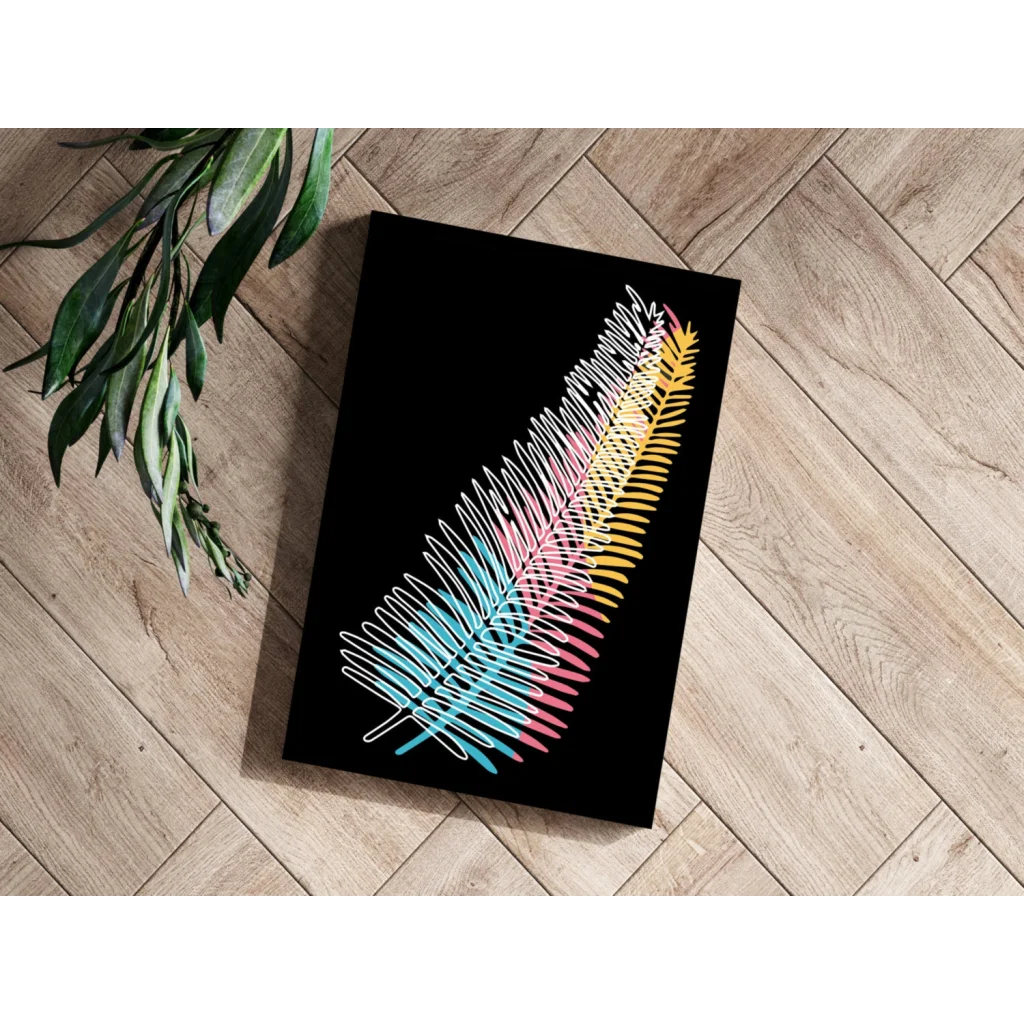 Neon Feather String Art Aluminum Wall Print with black feather and colorful accents