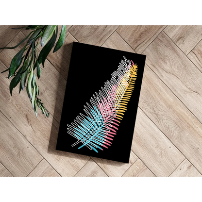 Neon Feather String Art Aluminum Wall Print with black feather and colorful accents