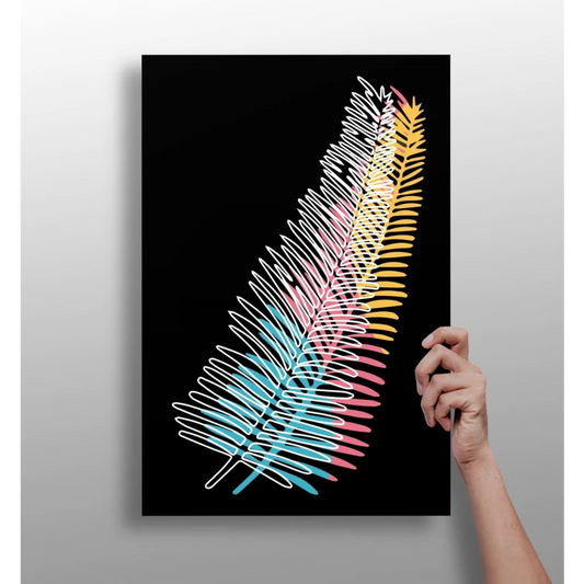 Vibrant neon feather string art on aluminum wall print