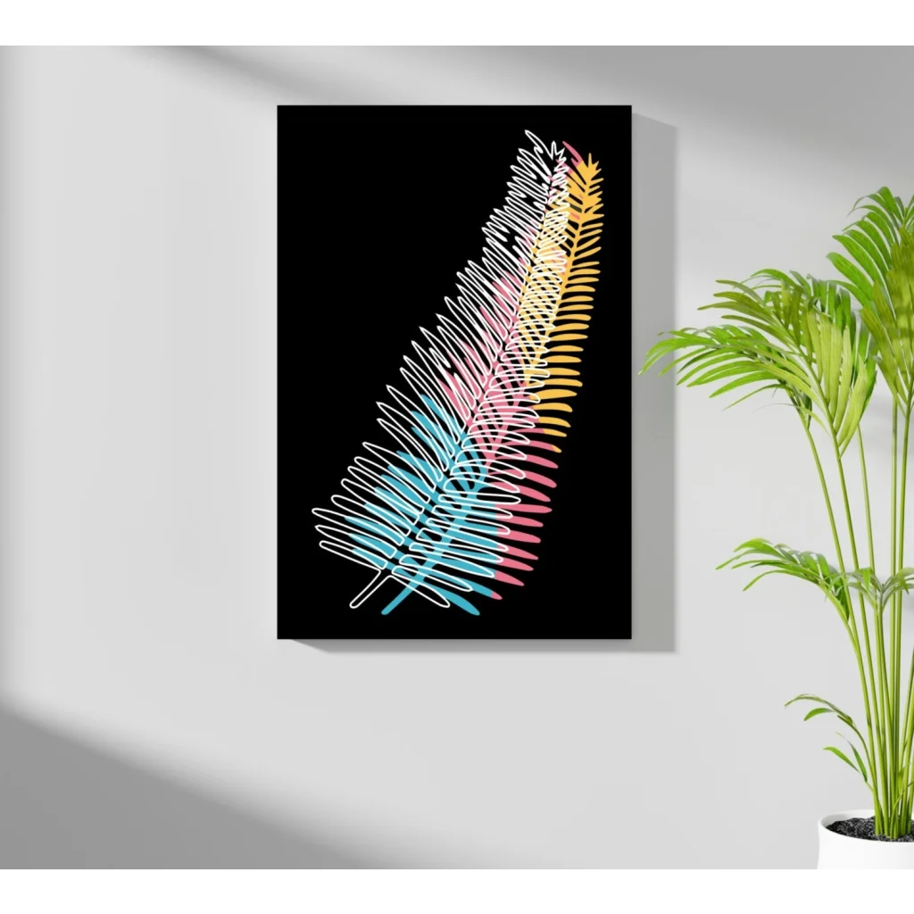 Vibrant multi-colored neon feather string art on black aluminum wall print
