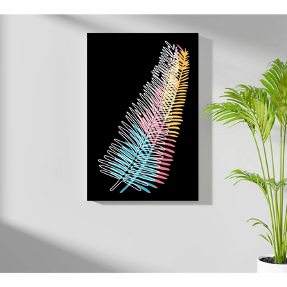 Vibrant multi-colored neon feather string art on black aluminum wall print