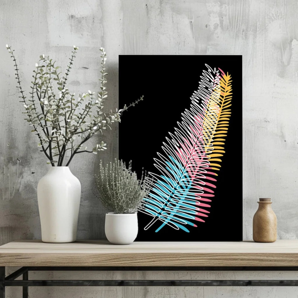 Vibrant multi-colored neon feather string art aluminum wall print on black background