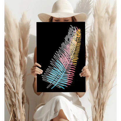 Vibrant multi-colored neon feather string art on aluminum wall print, black background
