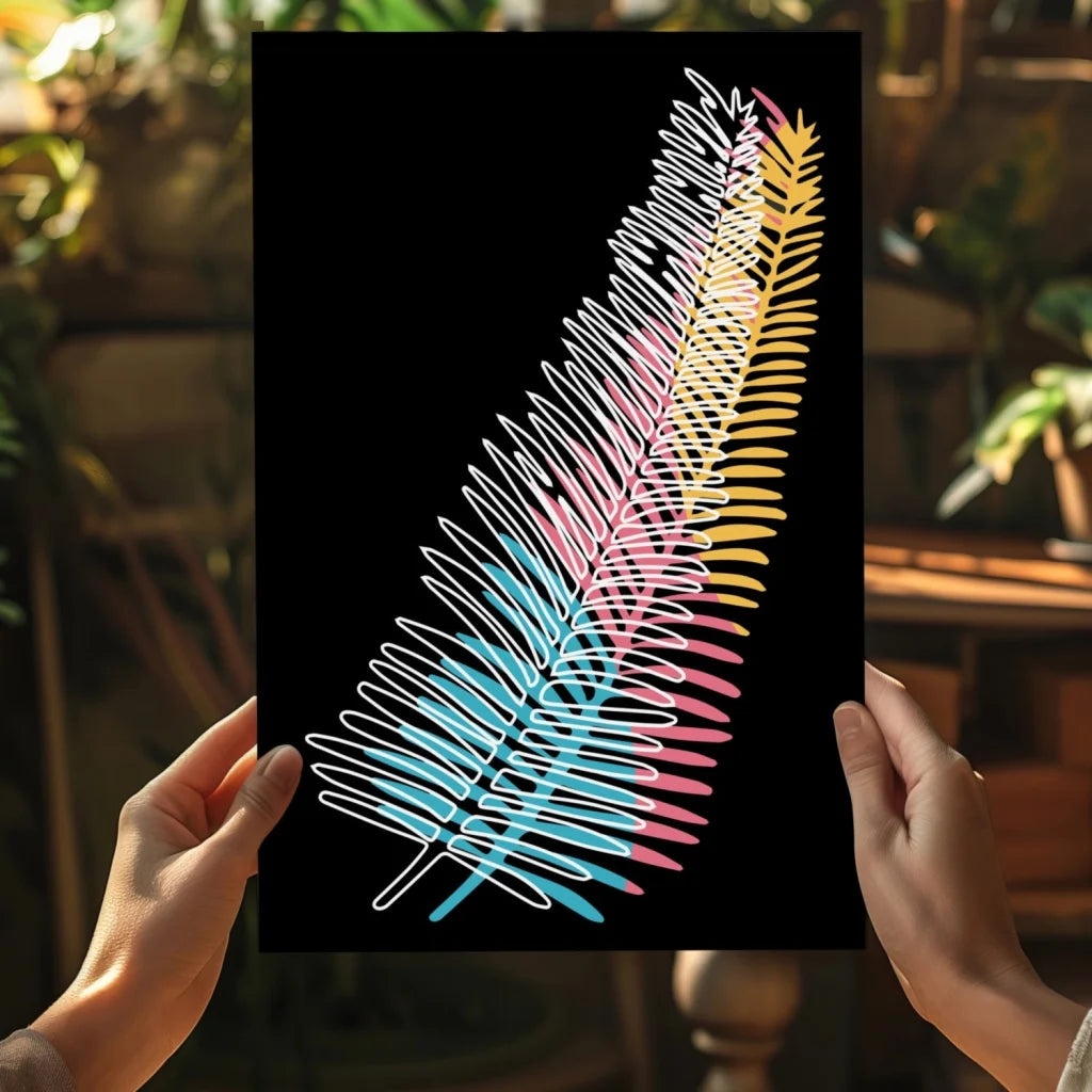 Neon feather string art aluminum wall print on black background