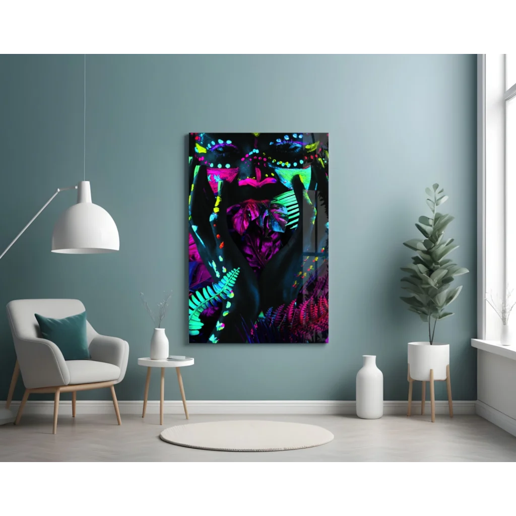 Vibrant neon fern canvas wall art in pink, purple, green glow