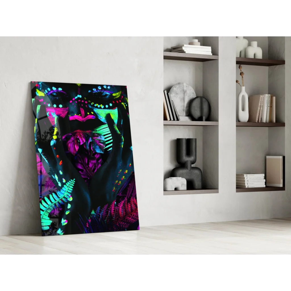 Vibrant neon heart canvas wall art in pink purple green glow