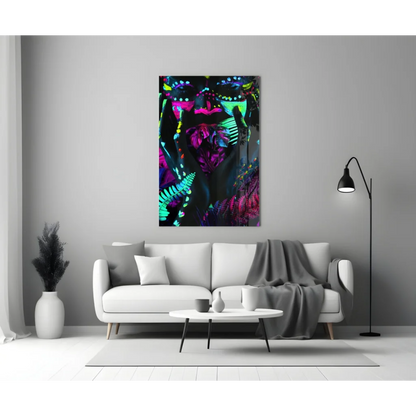 Vibrant neon fern wall art canvas print in pink purple green glow