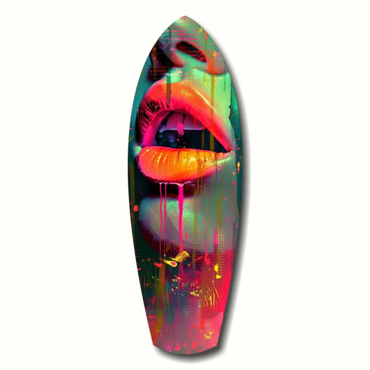 Neon pink green surfboard with dripping lips on tempered glass art