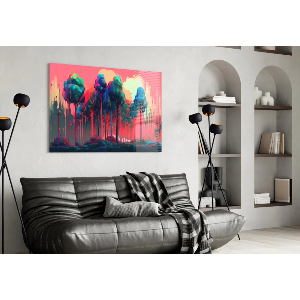 Vibrant neon forest glow wall art canvas in pink, teal, orange