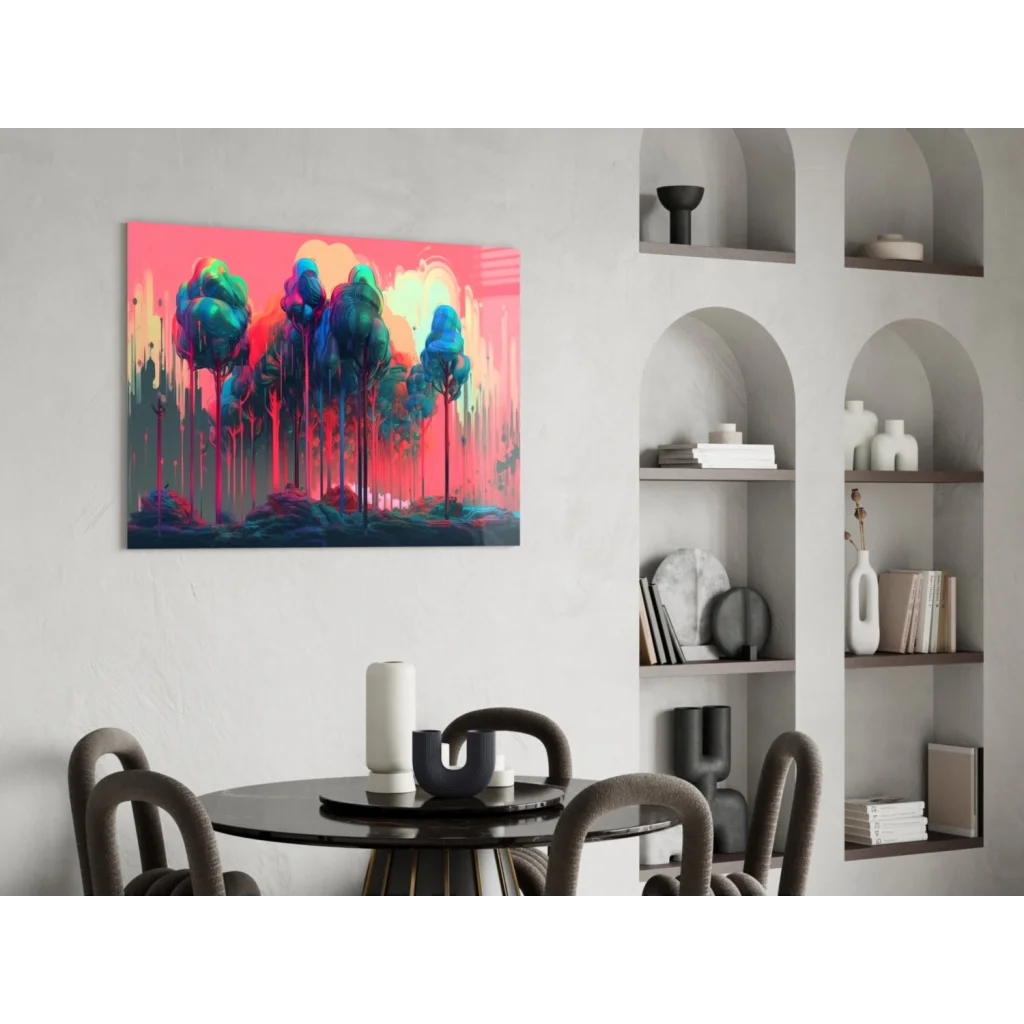Vibrant neon forest glow wall art canvas in pink, teal, magenta hues