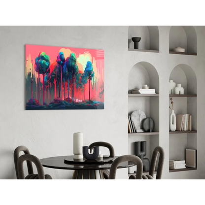 Vibrant neon forest glow wall art canvas in pink, teal, magenta hues