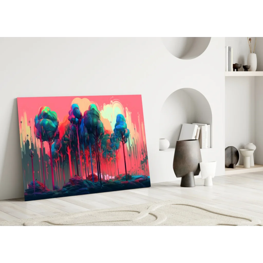 Vibrant neon forest glow wall art canvas in pink, teal, orange hues