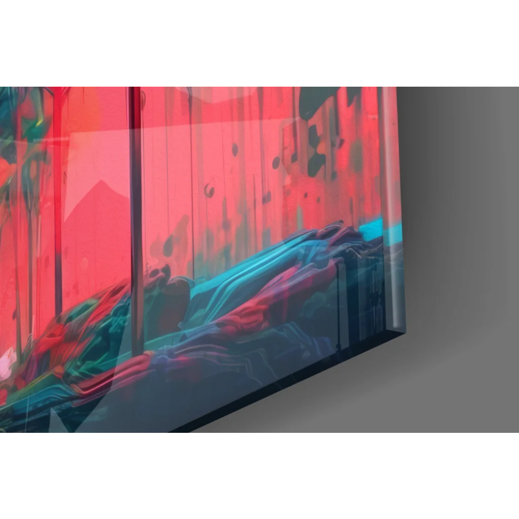 Vibrant Neon Forest Glow wall art canvas in red teal hues, black frame