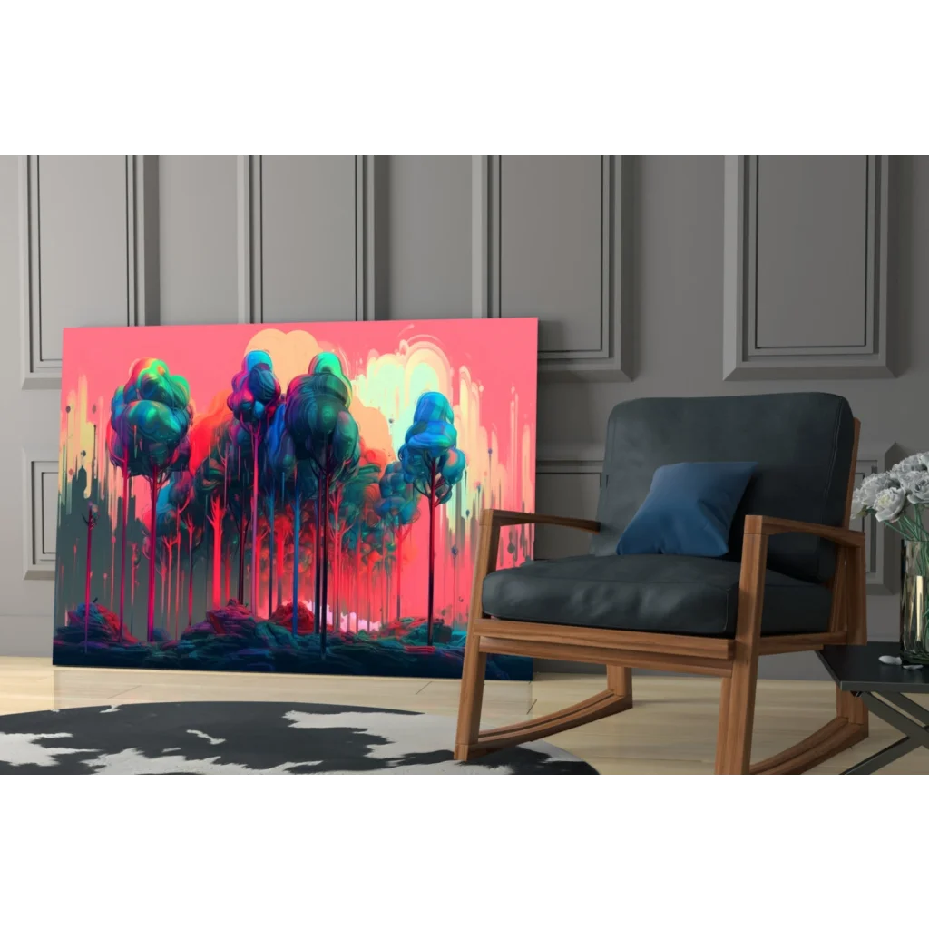 Vibrant Neon Forest Glow wall art canvas with teal magenta trees on pink sky