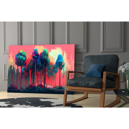 Vibrant Neon Forest Glow wall art canvas with teal magenta trees on pink sky