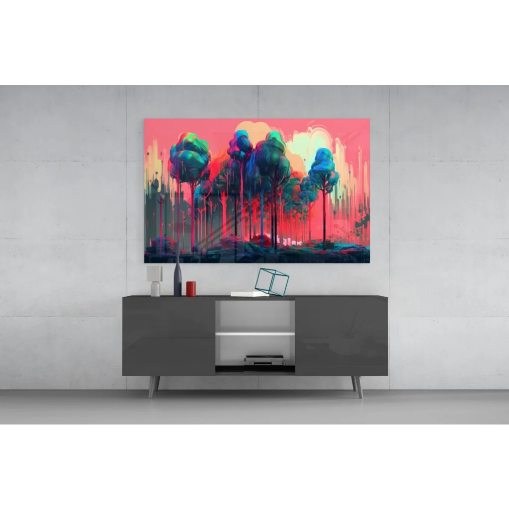 Vibrant Neon Forest Glow wall art canvas in pink, teal, orange hues