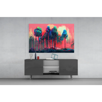 Vibrant Neon Forest Glow wall art canvas in pink, teal, orange hues