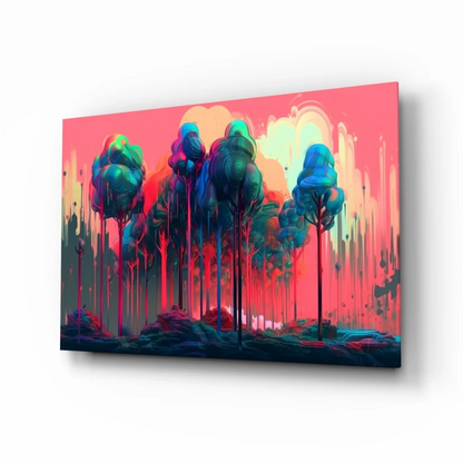 Neon Forest Glow wall art canvas with glowing teal trees in pink sky