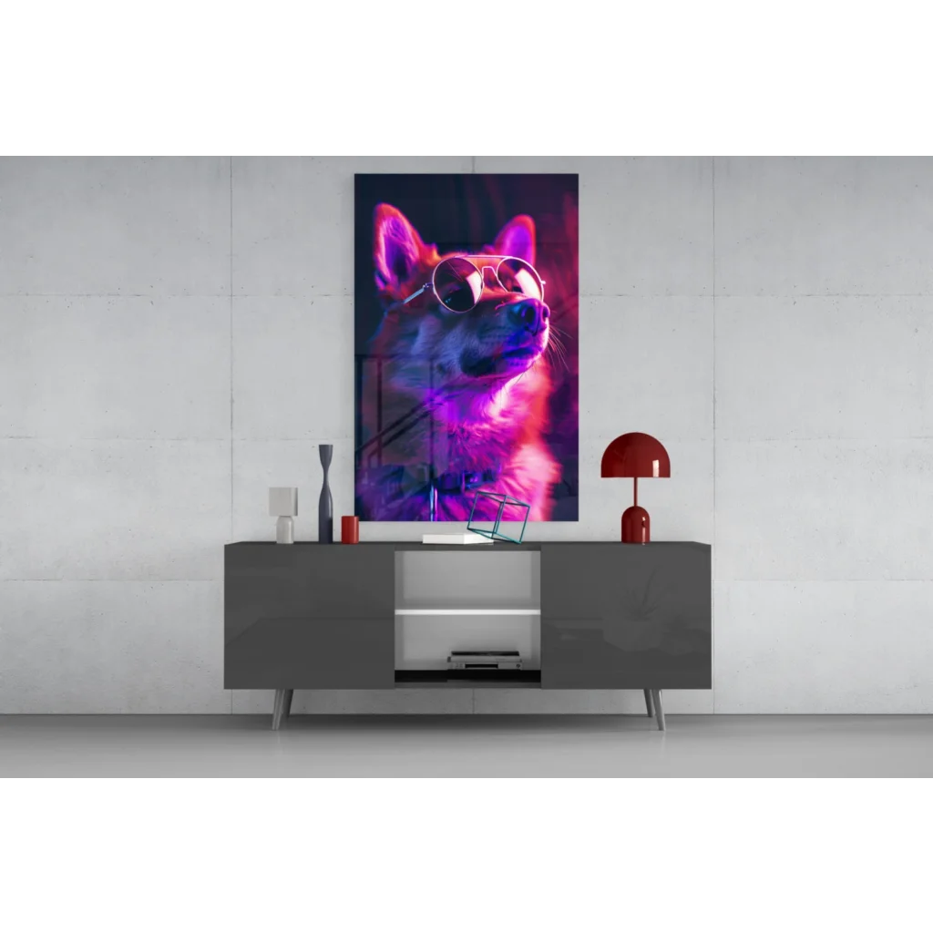 Vibrant neon fox in shades wall art print with glossy finish