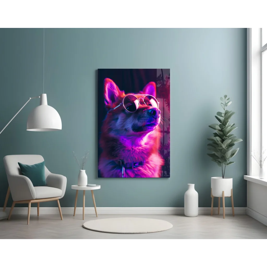 Vibrant neon fox in shades wall art print on canvas
