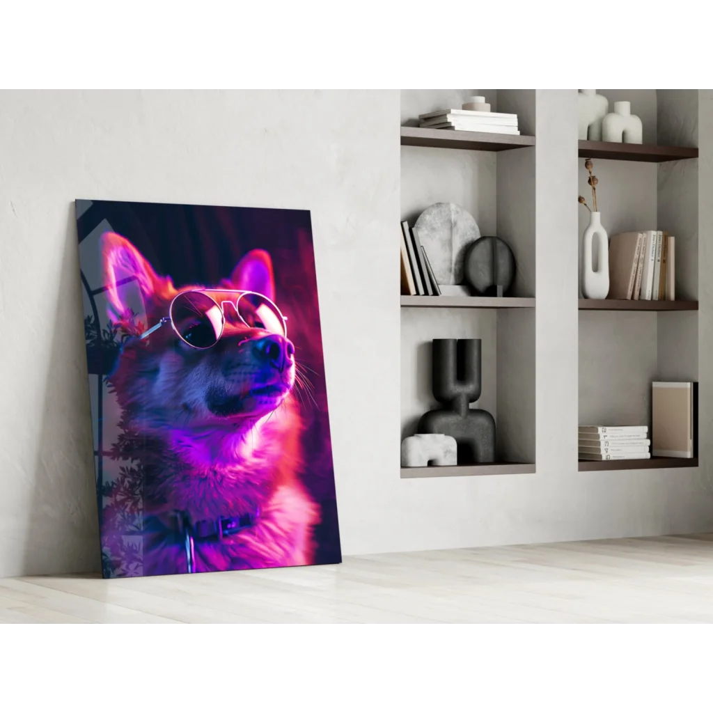 Vibrant neon fox in shades wall art print on black