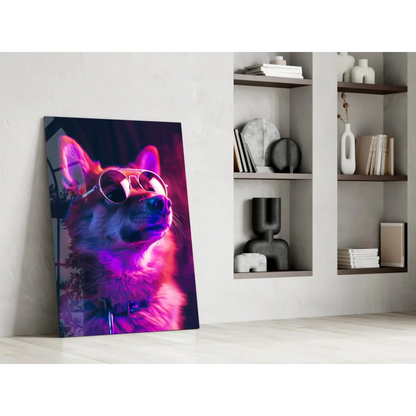 Vibrant neon fox in shades wall art print on black