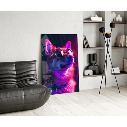 Neon pink purple fox in shades wall art print on black background