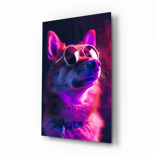 Neon pink purple dog in shades on cosmic wall art print