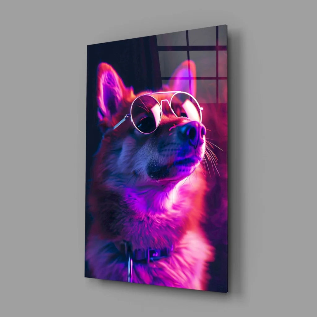 Neon pink purple fox in shades cosmic wall art print