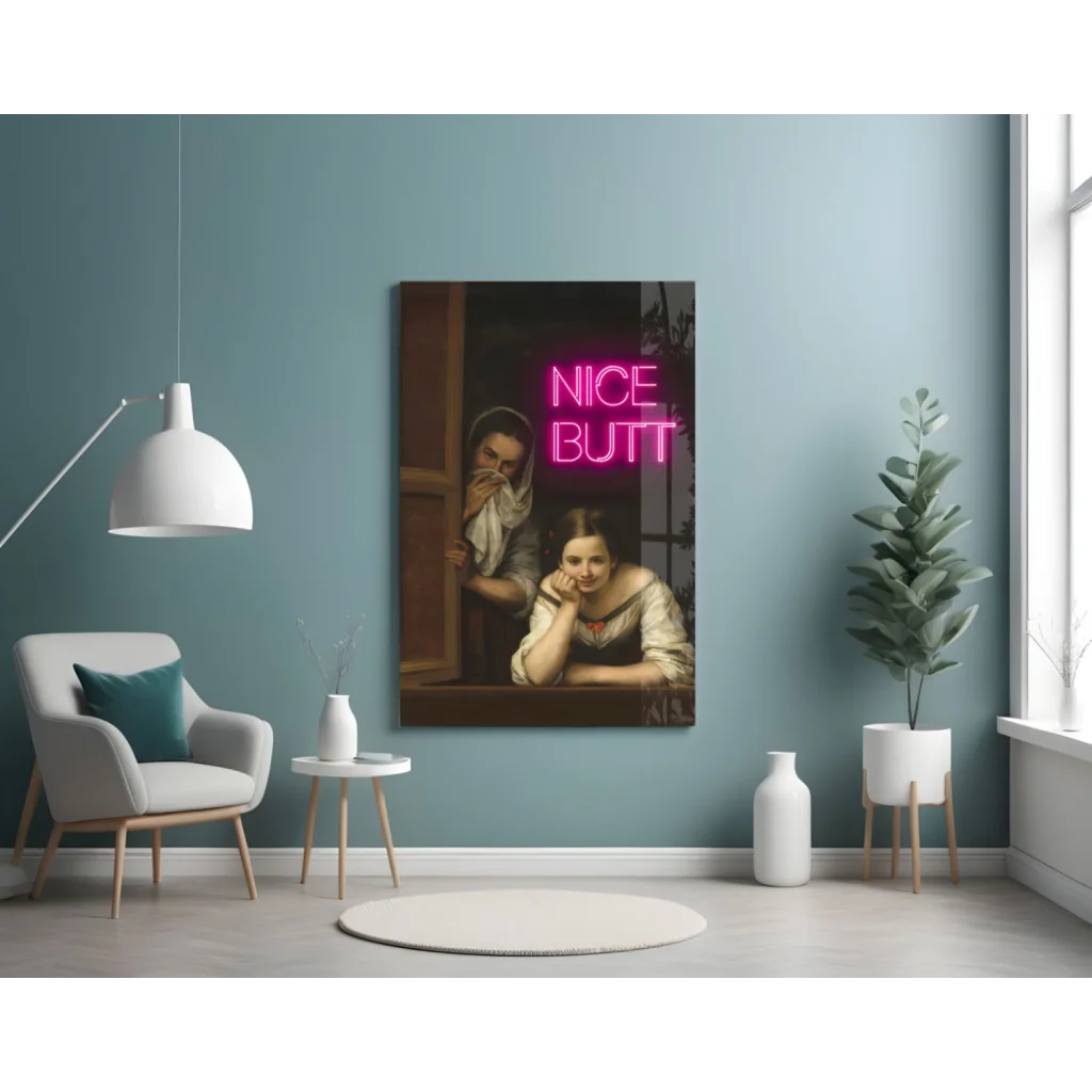 Neon pink nice butt text on classical painting canvas wall art print