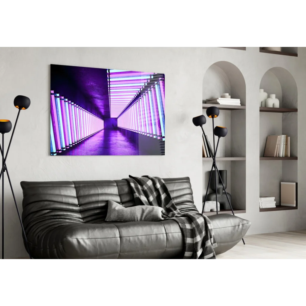 Neon Purple Corridor Glass Wall Art Canvas Print | Contemporary Home Wall Art | vintageantiquesgifts.com