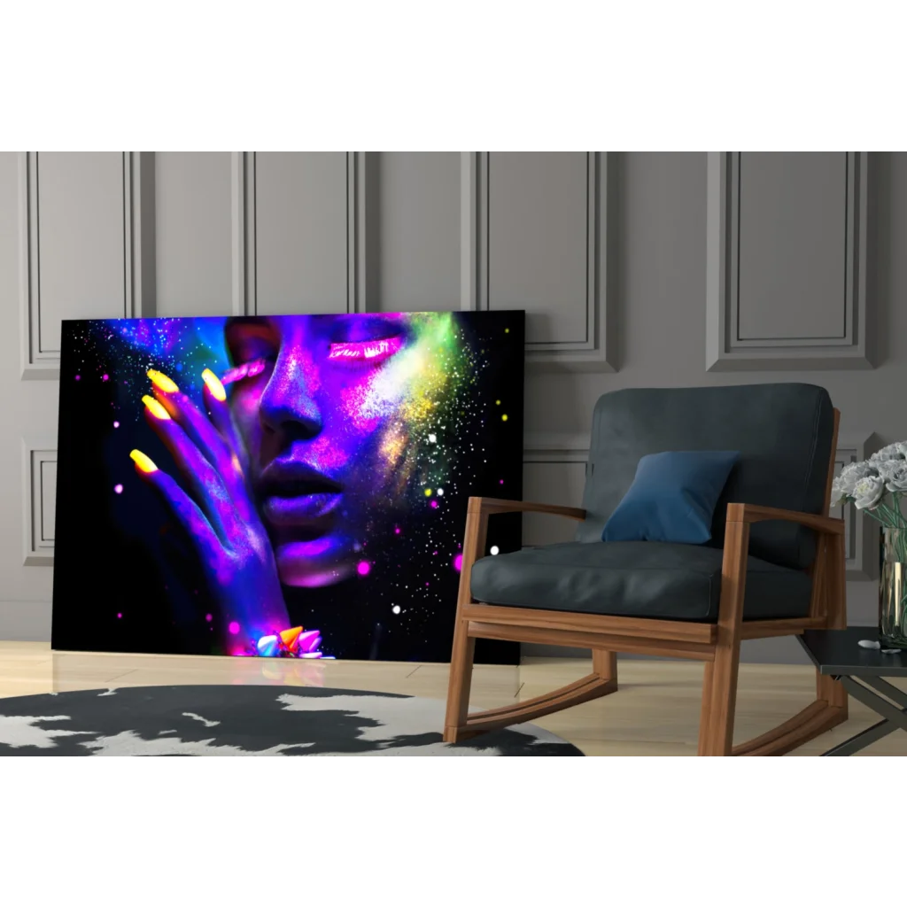 Vibrant neon cosmic woman glass wall art with glowing glitter effects