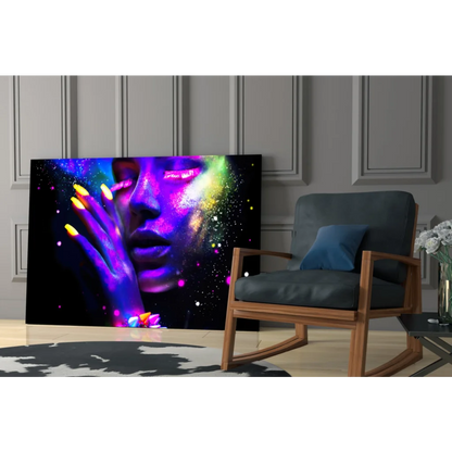 Vibrant neon cosmic woman glass wall art with glowing glitter effects