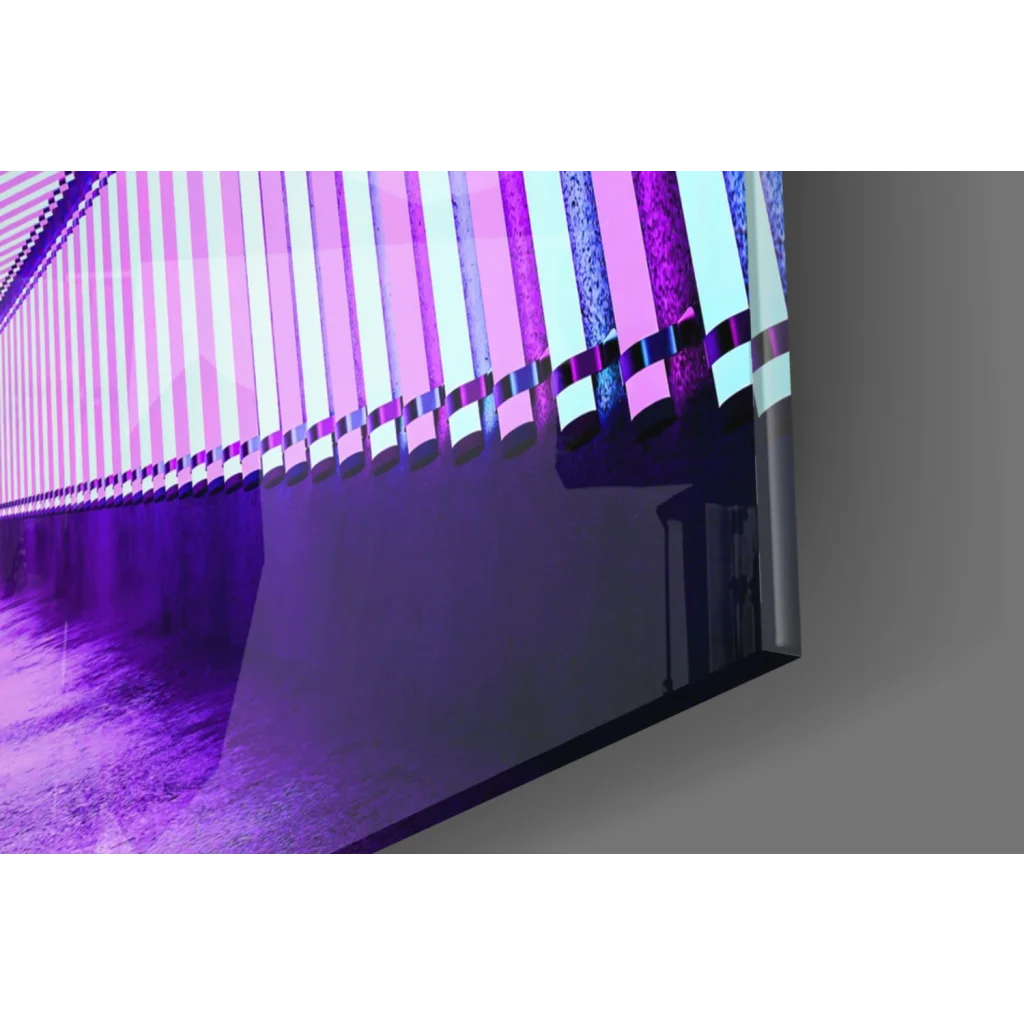 Vibrant purple pink stripes on sleek TV in Neon Purple Corridor glass wall art