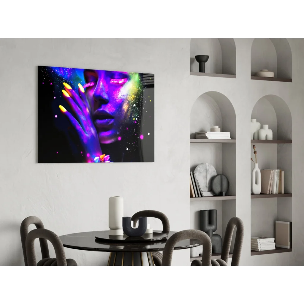 Vibrant neon cosmic woman glass wall art with glowing glitter effects