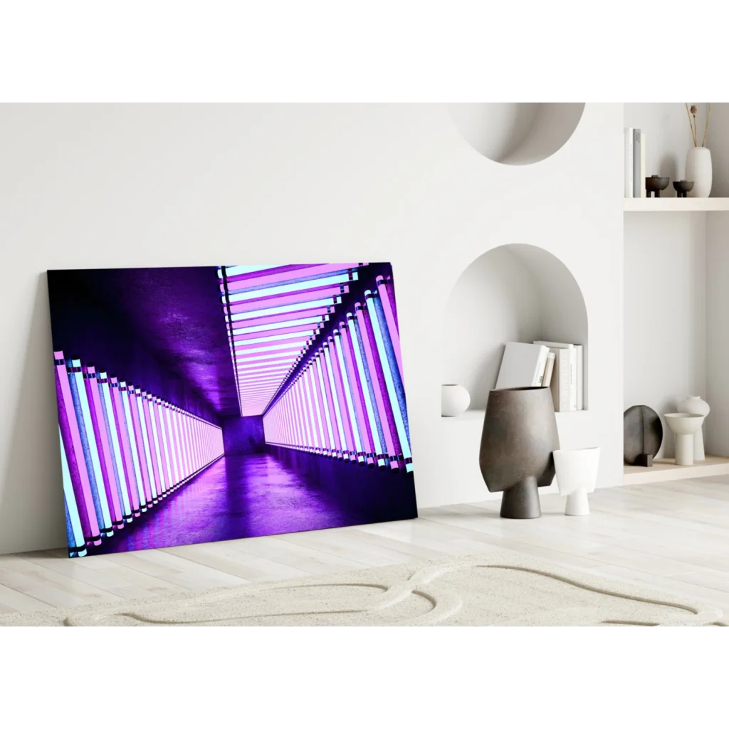 Neon Purple Corridor Glass Wall Art Canvas Print | Modern Wall Art Decor | vintageantiquesgifts.com