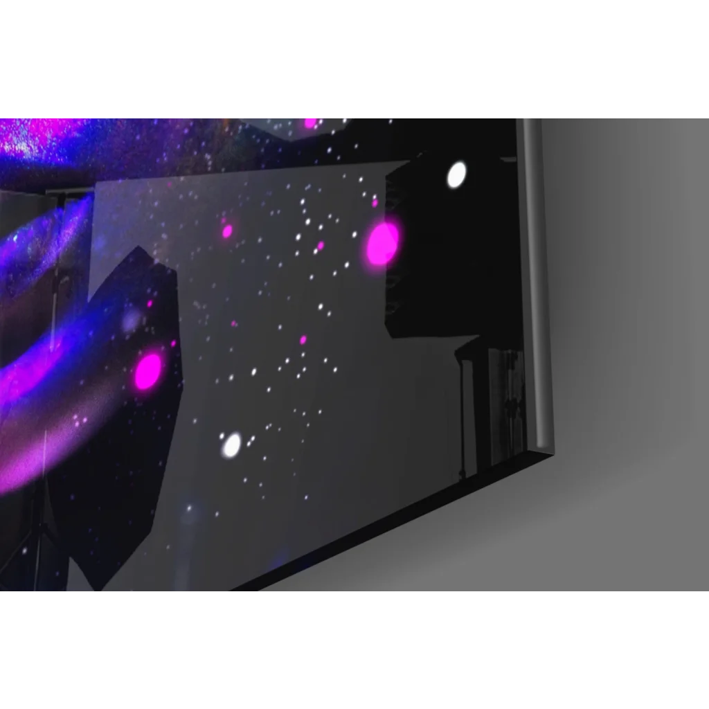 Sleek black monitor showing Neon Cosmic Woman glass wall art with glowing pink purple nebulae