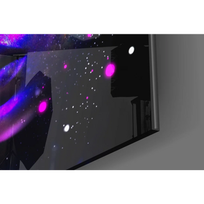 Sleek black monitor showing Neon Cosmic Woman glass wall art with glowing pink purple nebulae