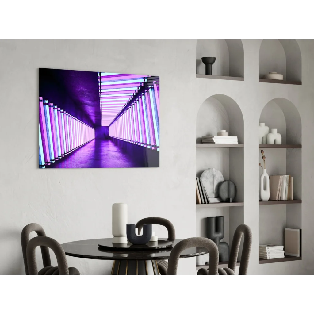 Vibrant neon purple corridor glass wall art on white wall