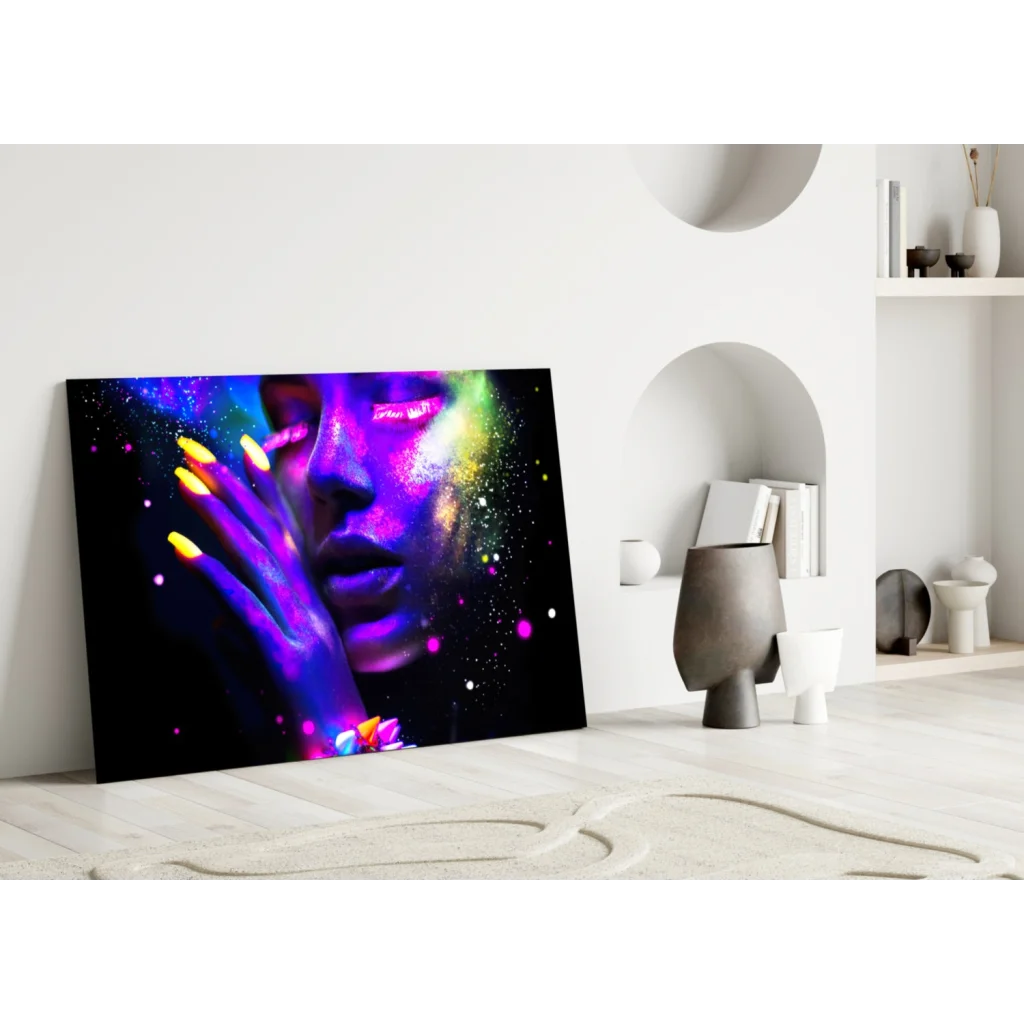 Vibrant neon cosmic woman glass wall art with starry glow