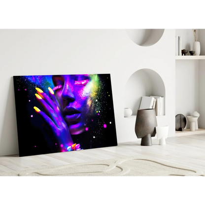 Vibrant neon cosmic woman glass wall art with starry glow