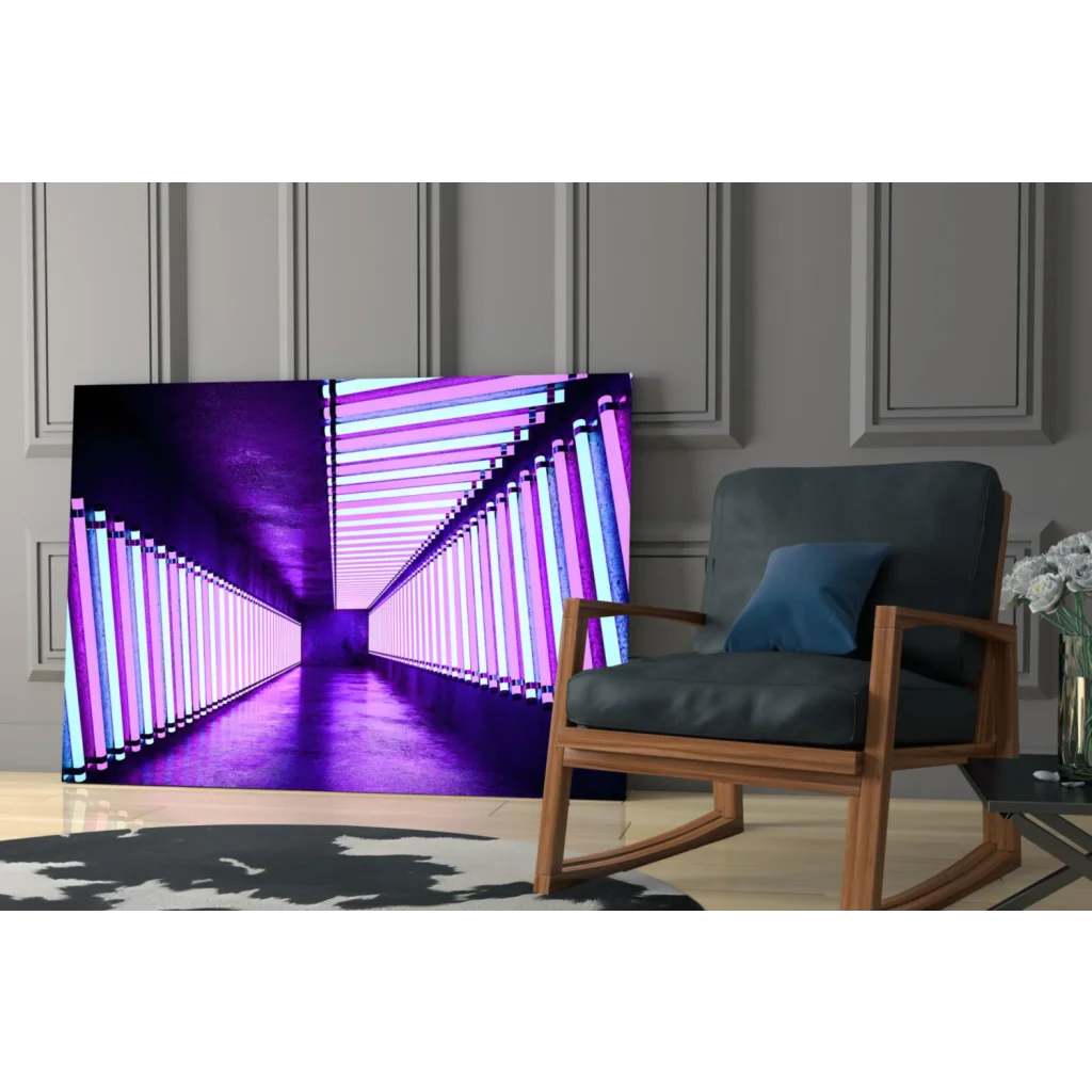 Vibrant purple pink neon corridor glass wall art canvas print