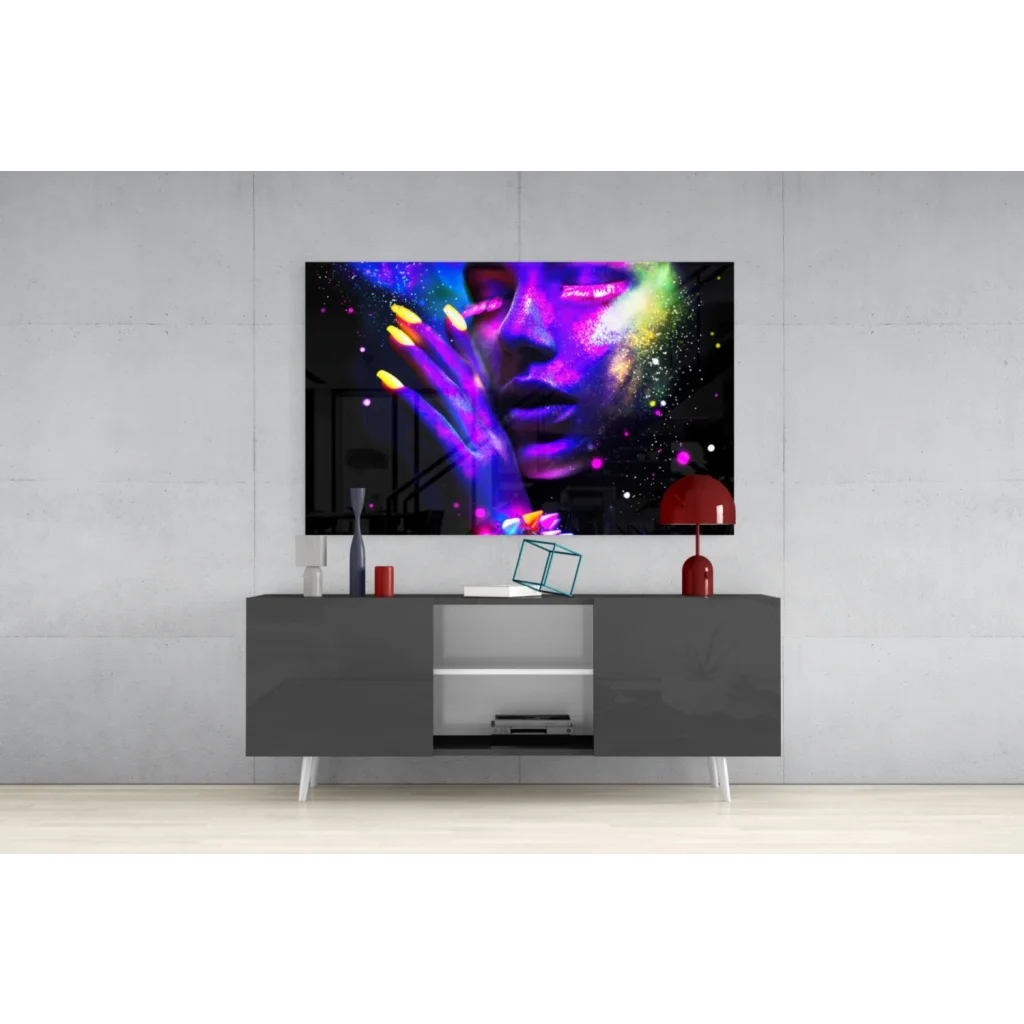 Neon cosmic woman glass wall art with vibrant purple hues and glitter effects