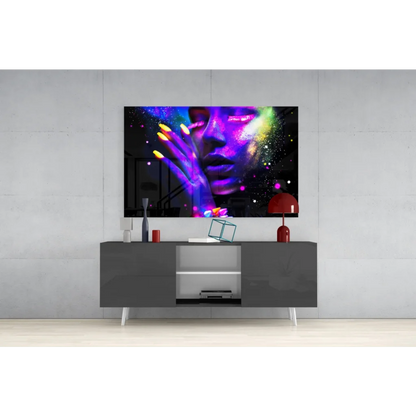Neon cosmic woman glass wall art with vibrant purple hues and glitter effects