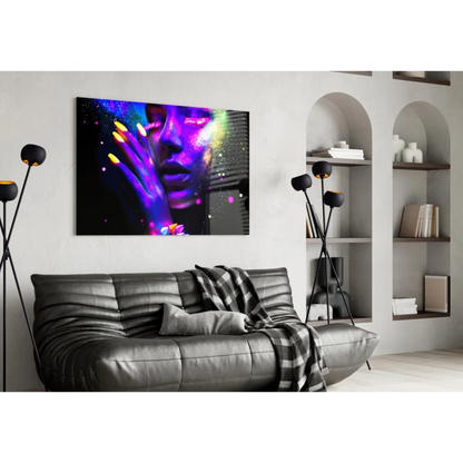 Vibrant neon cosmic woman glass wall art with glowing purple yellow hues