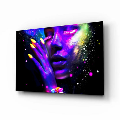 Neon cosmic woman glass wall art with vibrant glitter glow