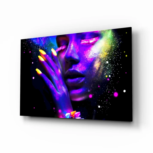 Neon cosmic woman glass wall art with vibrant glitter glow
