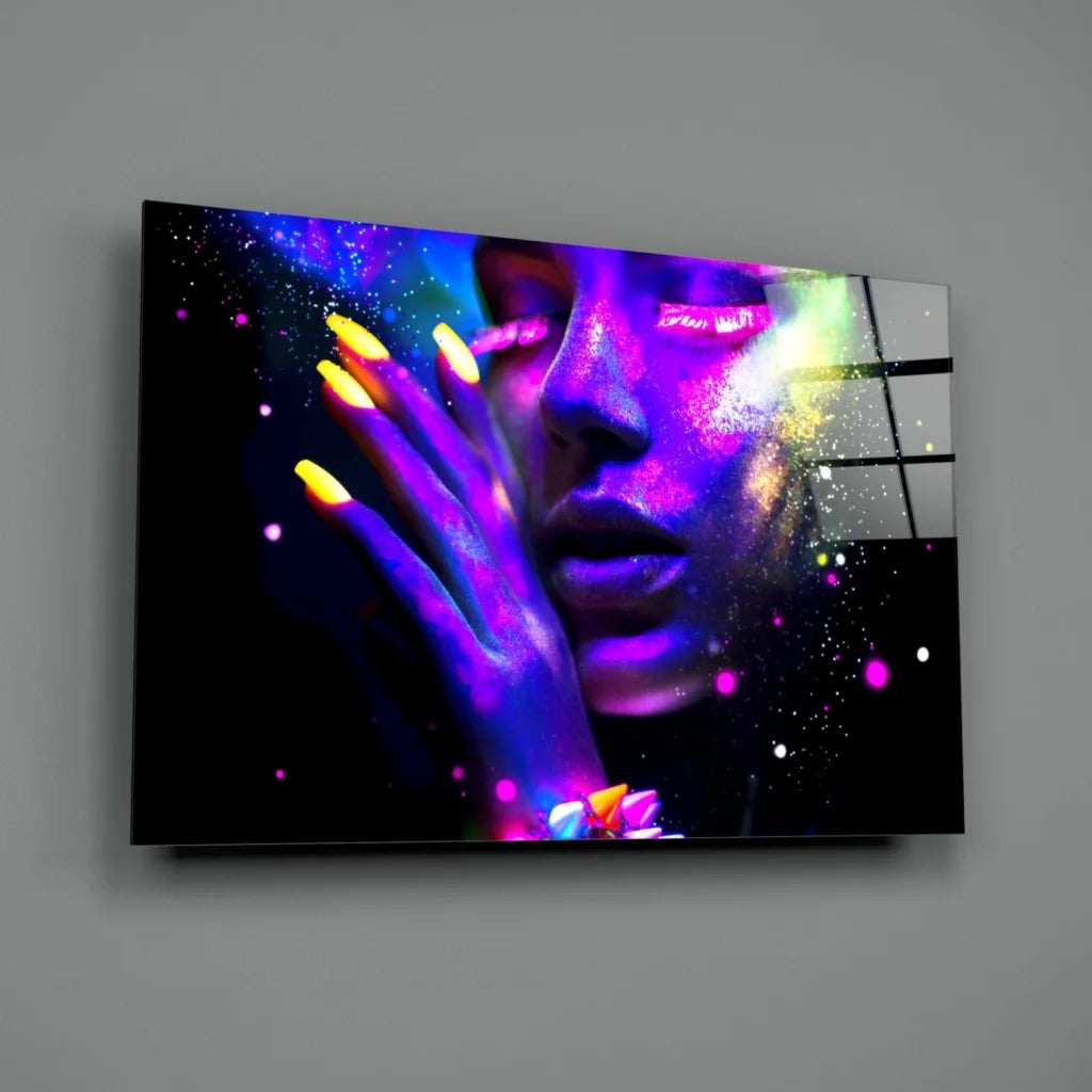 Vibrant neon cosmic woman glass wall art with glowing purple hues and glitter