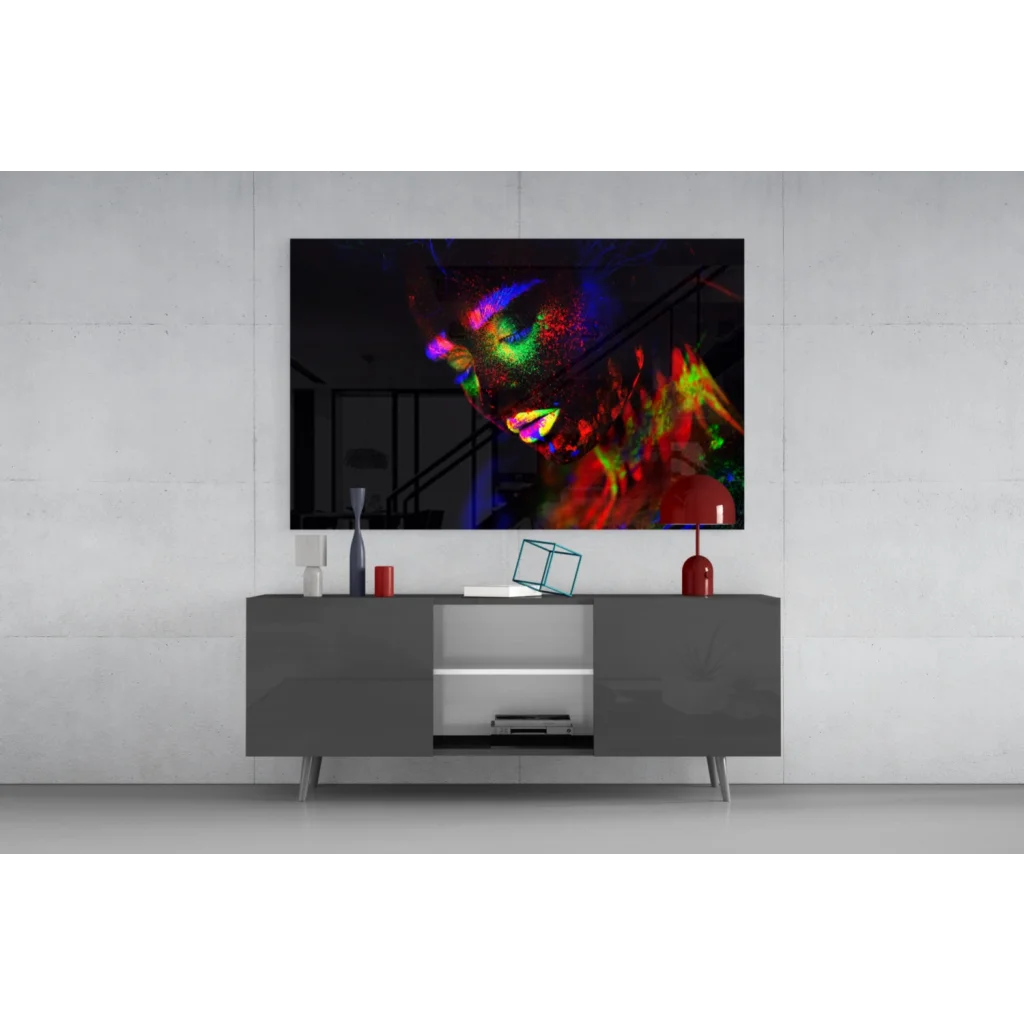 Vibrant neon glow portrait canvas wall art in green, blue, red hues