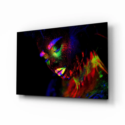 Vibrant neon glow portrait canvas wall art of womans face in UV reactive colors